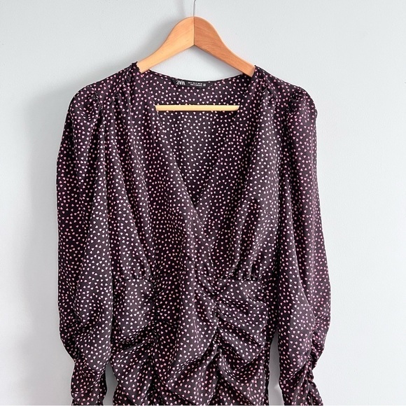 ZARA Ruched Pink Hearts All Over Print Long Sleeve Mini Dress - Picture 4 of 15
